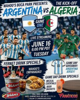 Team Argentina Watch Party!!🇦🇷🌎🏆⚽️
Tuesday June 16th @ 6:00pm
Argentina vs Algeria

Make your plans NOW!!!
@afaseleccionen