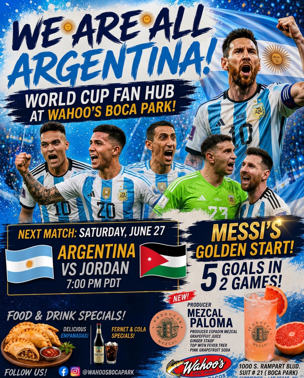 Argentina EN FUEGO!!🔥⚽️🇦🇷

Wahoos Boca Park vibes are next level. If you missed the first two matches, you’ll regret missing Saturday!!

Join us 6/27 at 7PM to see Argentina take on Jordan in their last match before the knockout round🔥🔥🔥