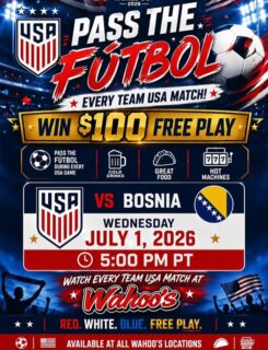 Join us Wednesday at ALL Wahoo’s in Las Vegas at 5PM!! USA Watch Party!!🇺🇸⚽️
Cheer on the @usmnt to a WIN over Bosnia and get your own chance to WIN $100 Free Play🔥