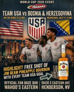 USA! USA! USA!🇺🇸🇺🇸🇺🇸
@usmnt is ready for battle!! Come show your support and bring plenty of energy to the biggest Wahoo’s Watch Party yet🇺🇸⚽️🔥
FREE shots of @jimbeamofficial Pineapple Bourbon with EVERY Team USA goal!!🍍🥃