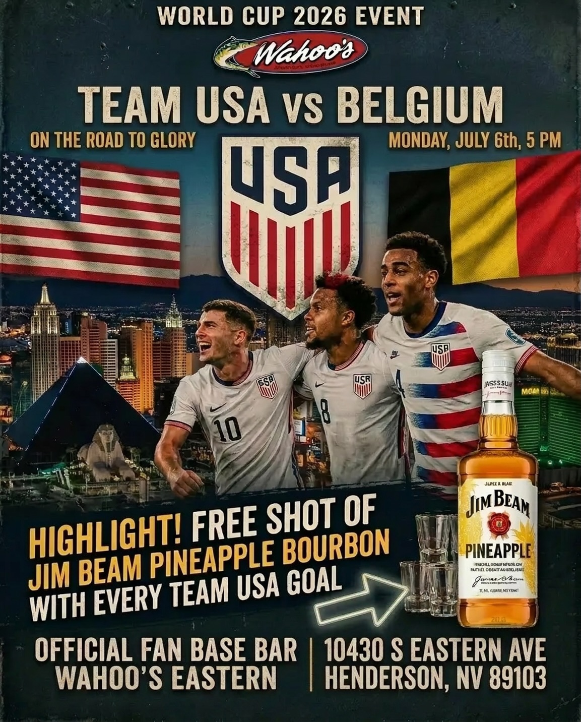 Team USA journey continues with their biggest World Cup match ever!!🇺🇸
Join us tomorrow at 5PM at our Eastern location aka USA World Cup headquarters⚽️🏆🌎
FREE shots of @jimbeamofficial pineapple bourbon with every USA goal scored🥃🍍
The atmosphere will be loud and the shots will be flowing, so bring that patriotic energy and support @usmnt to another victory