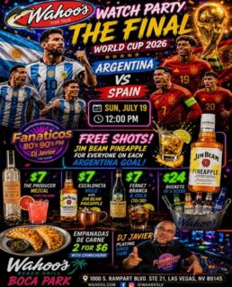 This World Cup ride has been a wild one, and It all comes down to this!!
Join us for the ultimate watch party experience Argentina vs Spain LIVE from @wahooslv_bocapark Sunday July 19th at Noon.
FREE shots of @jimbeamofficial Pineapple Bourbon🍍🥃 with every Argentina goal. Drink specials galore and the best empanadas in town!
Let’s go out with a bang!!!🌎🏆🇦🇷