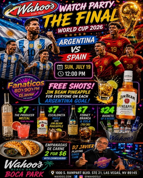 This World Cup ride has been a wild one, and It all comes down to this!!
Join us for the ultimate watch party experience Argentina vs Spain LIVE from @wahooslv_bocapark Sunday July 19th at Noon.
FREE shots of @jimbeamofficial Pineapple Bourbon🍍🥃 with every Argentina goal. Drink specials galore and the best empanadas in town!
Let’s go out with a bang!!!🌎🏆🇦🇷