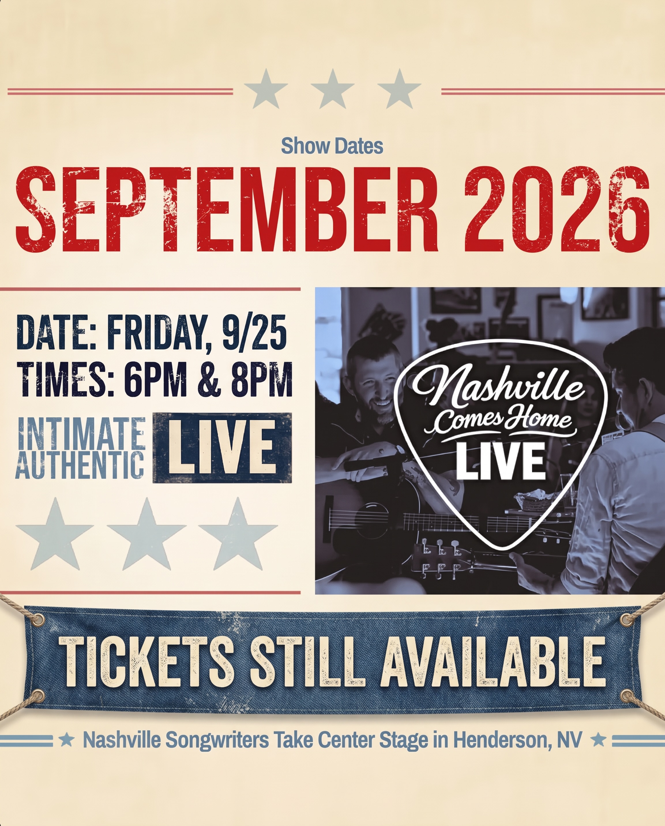 TICKETS ARE STILL AVAILABLE!
Join us tonight 6pm and 8pm at our Eastern location in Henderson and enjoy the sounds of some of Nashvilles best!🎸