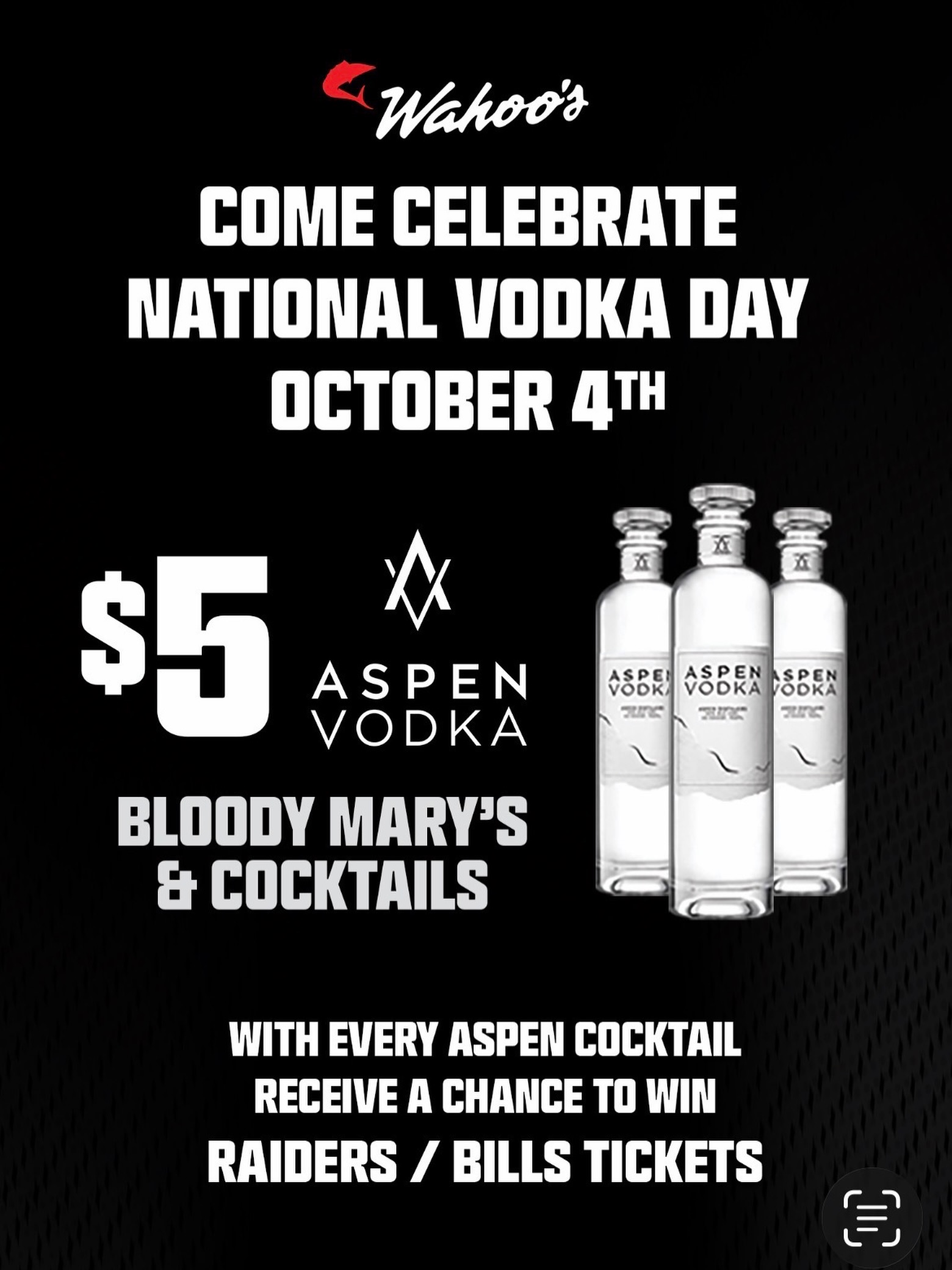 Join us for National Vodka Day October 4th!
$5 Bloody Mary’s & Cocktails
@aspenvodka X Wahoo’s 🔥🔥