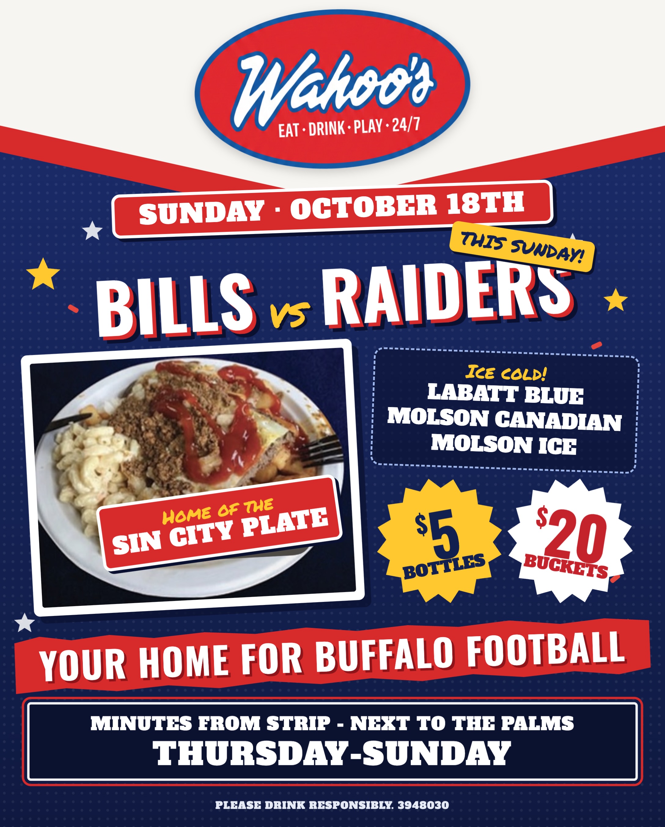 BIG weekend for football in Las Vegas!! Welcome Bills Mafia @rocbillsbackers 🏈🔥
$5 bottles and $20 buckets ALL WEEKEND at our Flamingo location🍺