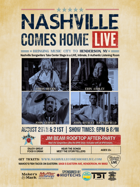 Nashville Comes Home LIVE at Wahoo’s on Eastern — August 20 & 21, shows 6PM and 8PM, with Jim Beam rooftop after-party