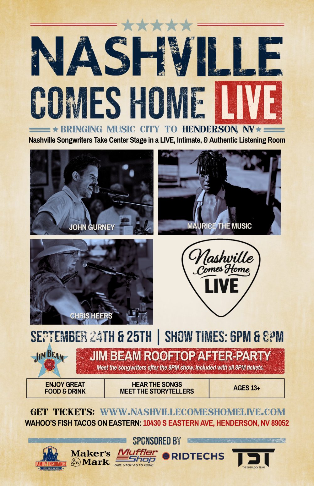 Nashville Comes Home LIVE at Wahoo's Fish Tacos on Eastern in Henderson NV - songwriters John Gurney, Maurice The Music and Chris Heers, September 24 and 25, shows at 6PM and 8PM with a Jim Beam rooftop after-party